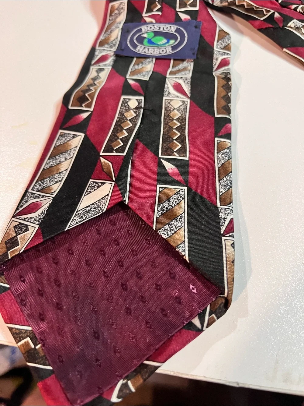 Boston Harbor Men's Geometric Pattern Burgundy and Black Tie